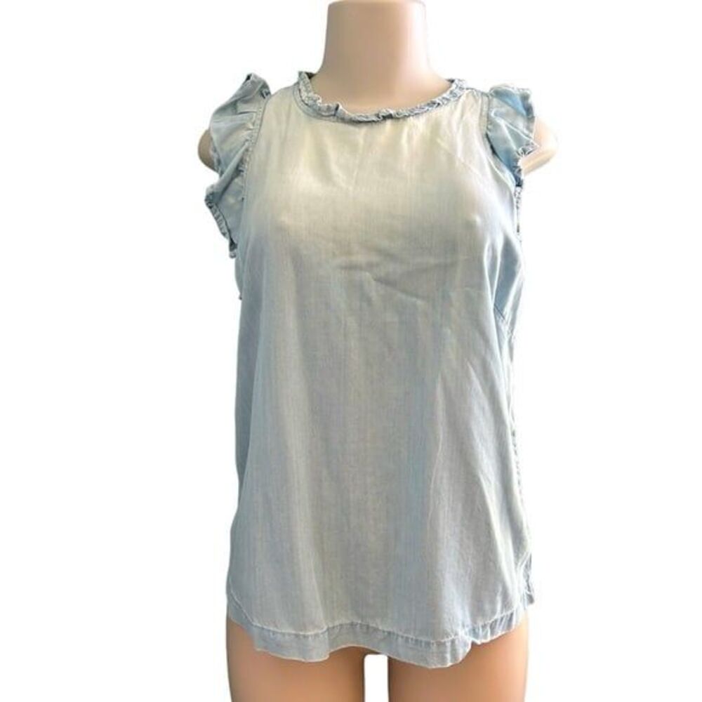 Velvet Heart Chambray Sleeveless Top with Ruffle Hem and Neckline Size Small